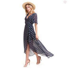 NWT Show Me Your Mumu Sz S Marianne Wrap Maxi Dress in Blue/Navy Polka Dot